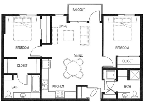 Floor plan for 2 beds, 2 baths, 972 sqft